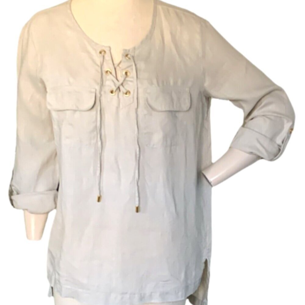 Ellen Tracy Company Linen Blouse Lace Up Neck Pockets Sz M Sandstone Beige #187k - Picture 2 of 10